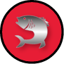 Red circle icon featuring a silver fish.