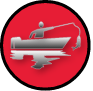 Red circle icon featuring a silver boat on the water with a person fishing.