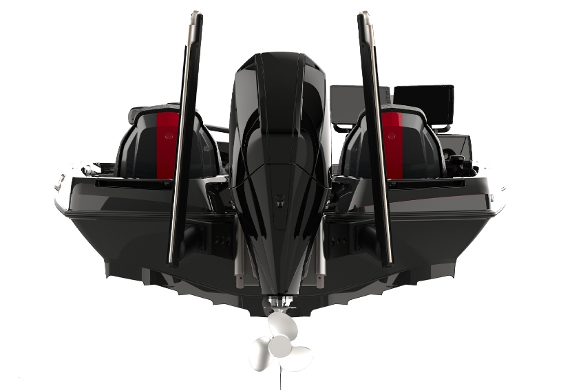 iKon LX21 boat view with all black exterior and red striped seating