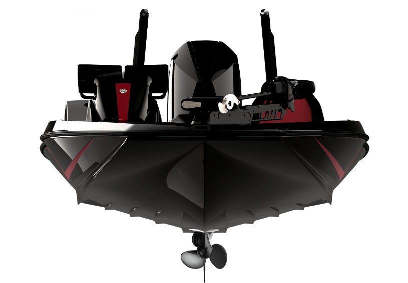 iKon LX21 boat view from front with all black exterior and red seating